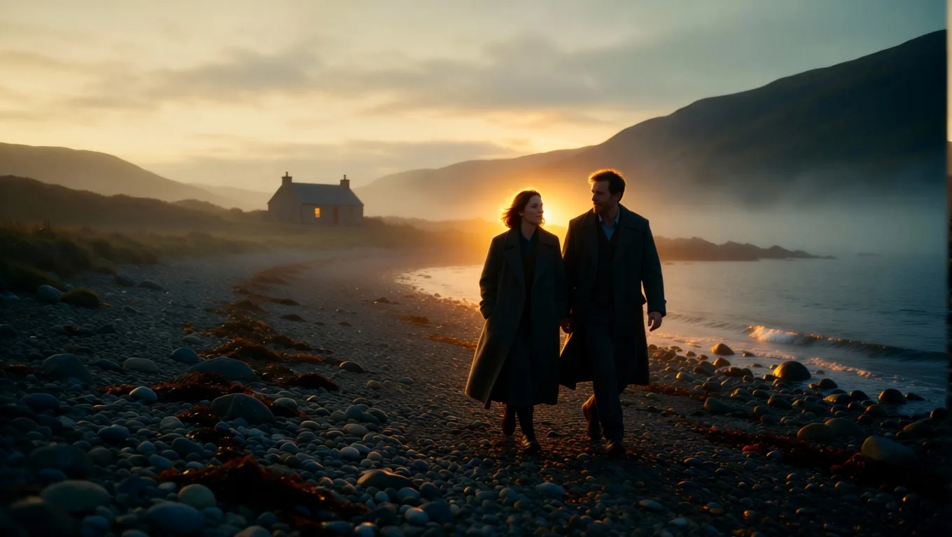 After: the same couple and shore, a low sun glowing behind them, warm rim light on their coats and hair, a darker foreground.