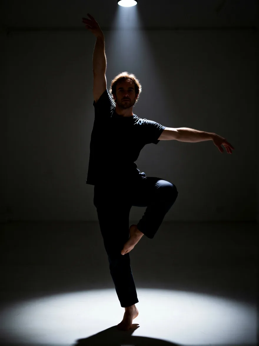 After: an adult man in a dark T-shirt and trousers balancing on one leg with an arm raised, lit by a single overhead spotlight in a dark studio, a bright pool of light on the floor.
