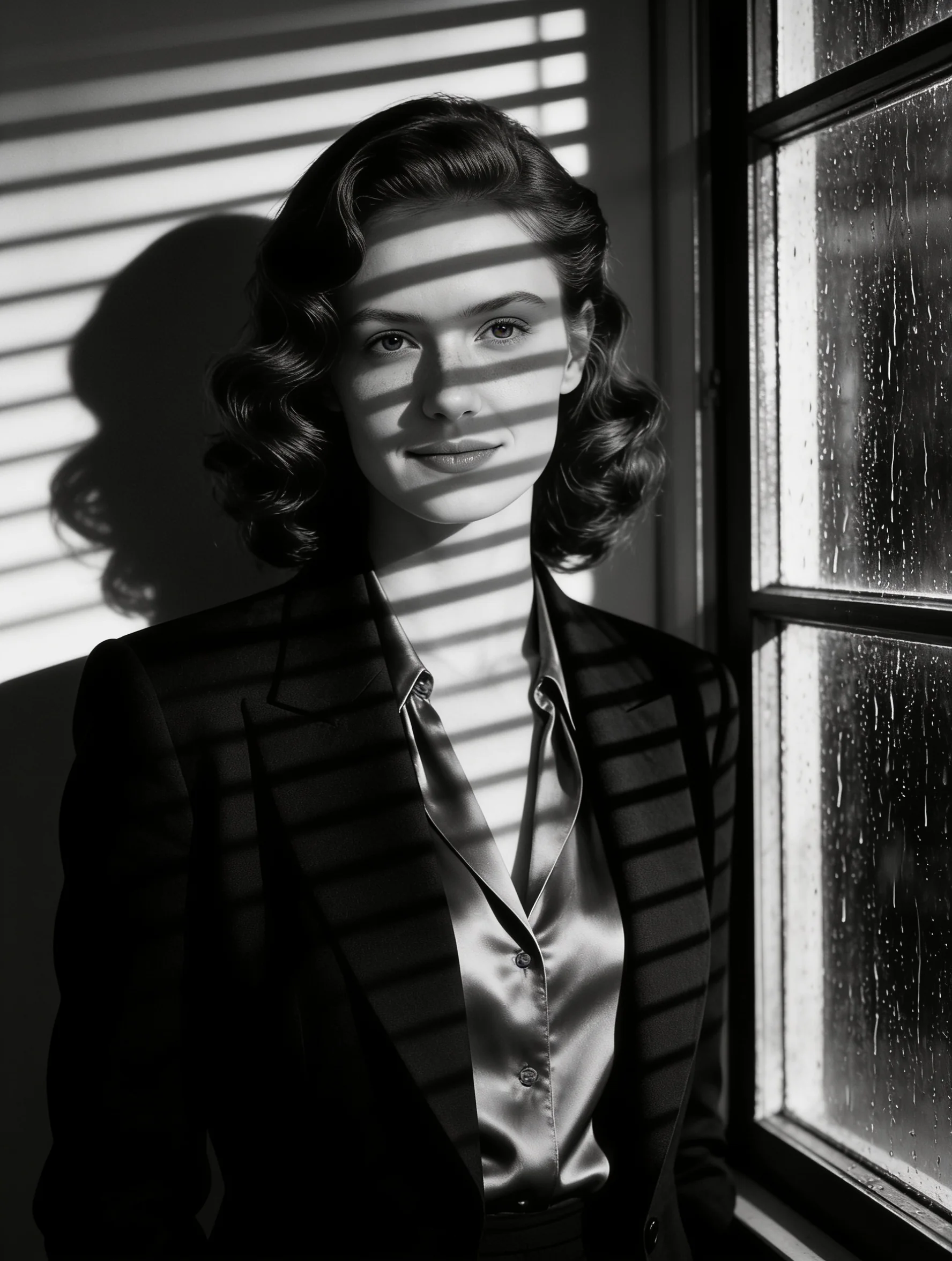 A black-and-white 1940s film-noir still of the woman with set hair waves in a dark jacket over a silk blouse, venetian-blind shadows striping her face and the wall, rain on a window beside her