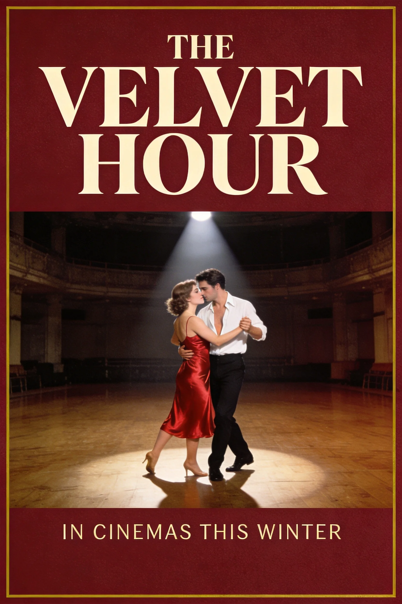 A 1970s-style film poster with the title THE VELVET HOUR in cream serif capitals, a woman in a red satin dress and a man in a white shirt dancing close under a spotlight in an empty ballroom, and IN CINEMAS THIS WINTER along the bottom