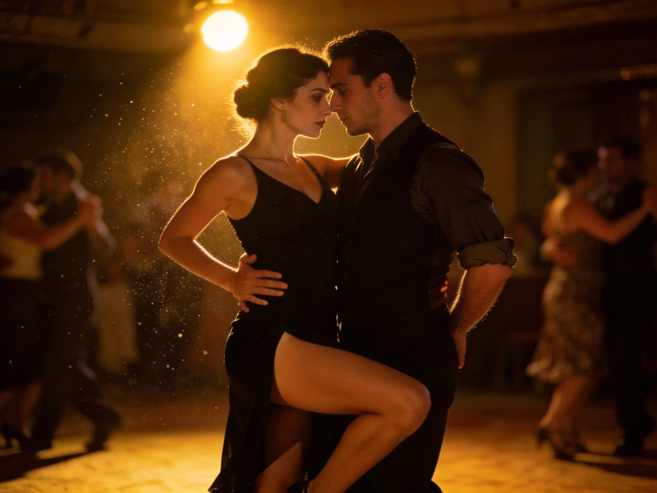 A couple dancing close in a dim Buenos Aires dance hall under one warm spotlight, she in a black dress with a high side slit and he in a dark waistcoat with rolled sleeves, other couples soft in the background