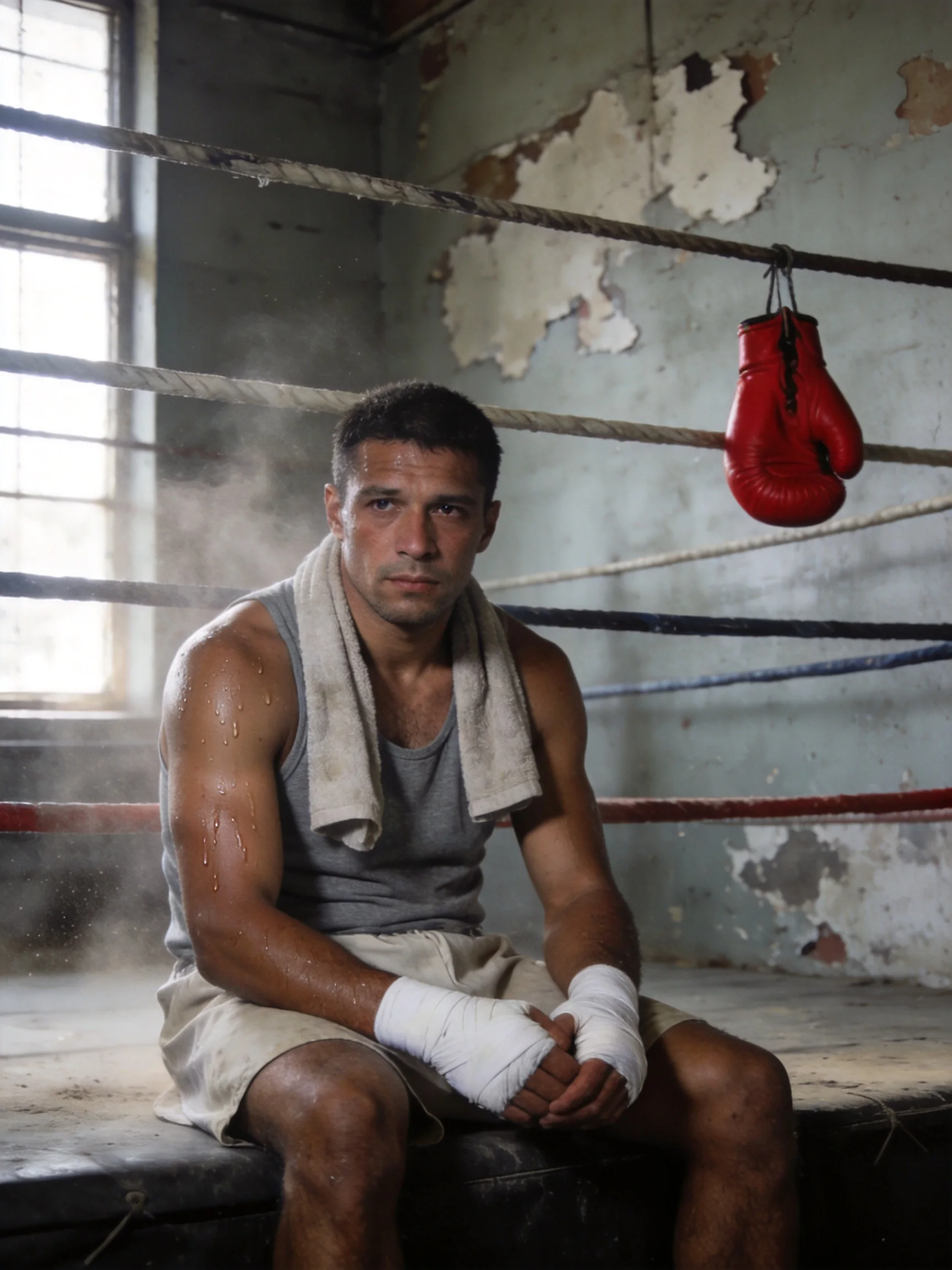 A male boxer with taped hands and a towel around his neck sits on the apron of an old ring in hard side-window light, with peeling walls behind him and one red glove hanging from the ropes