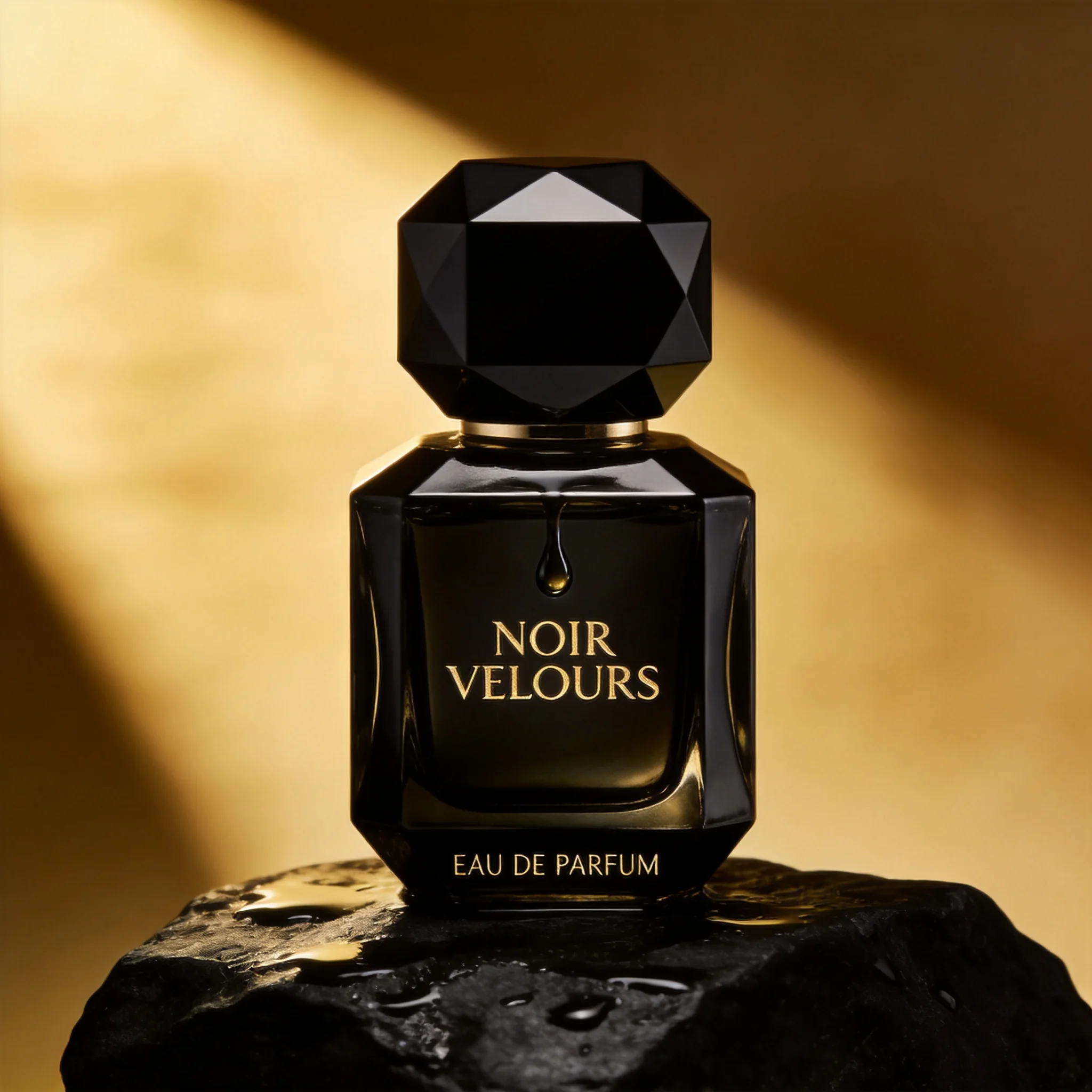 A faceted black glass perfume bottle on wet black stone with one drop running down it and a beam of warm gold light from the left, NOIR VELOURS engraved in gold on the bottle and EAU DE PARFUM along the bottom