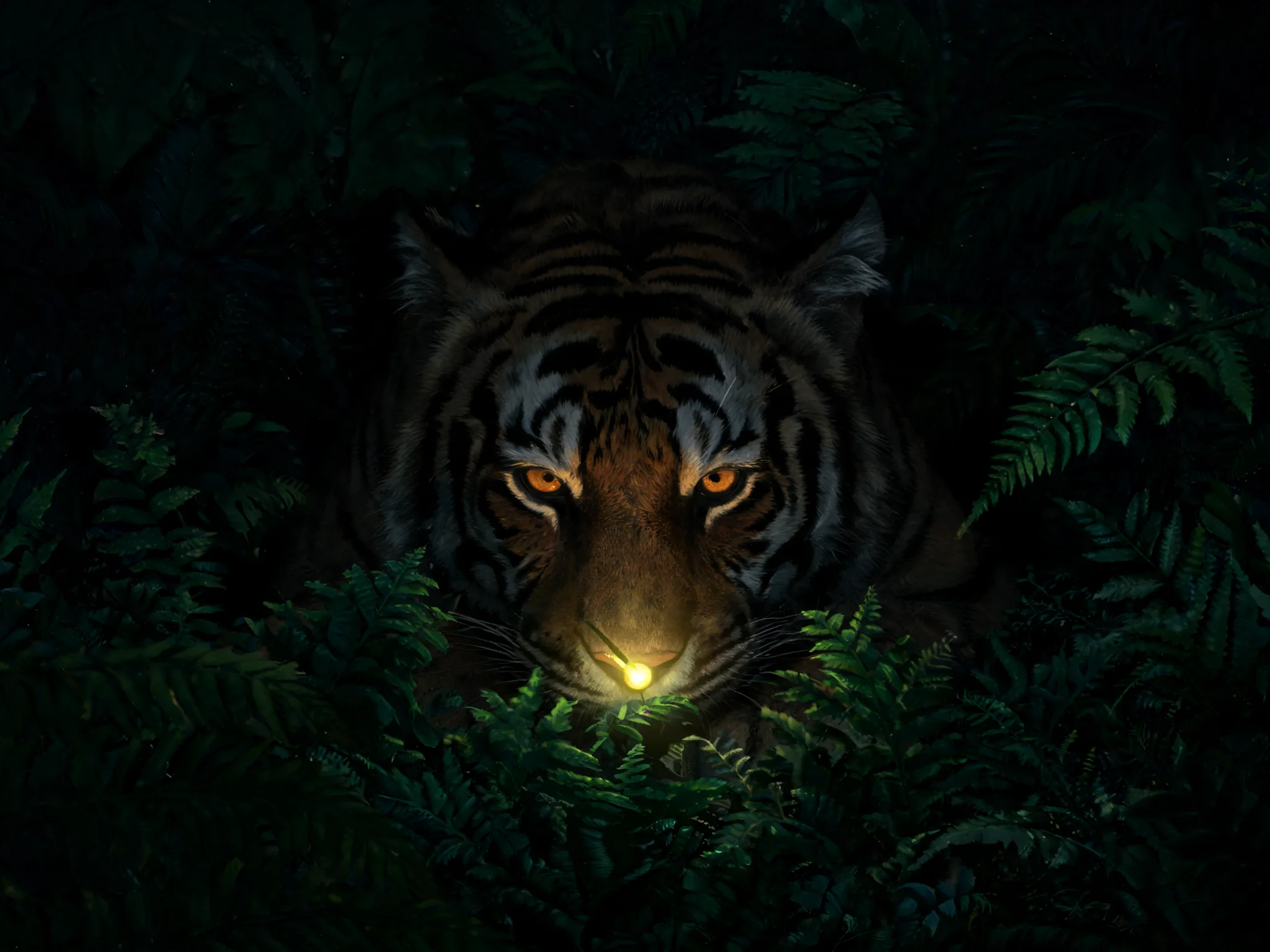 Una tigre acquattata tra felci scure, con il muso illuminato da un’unica lucciola sulla punta del naso.