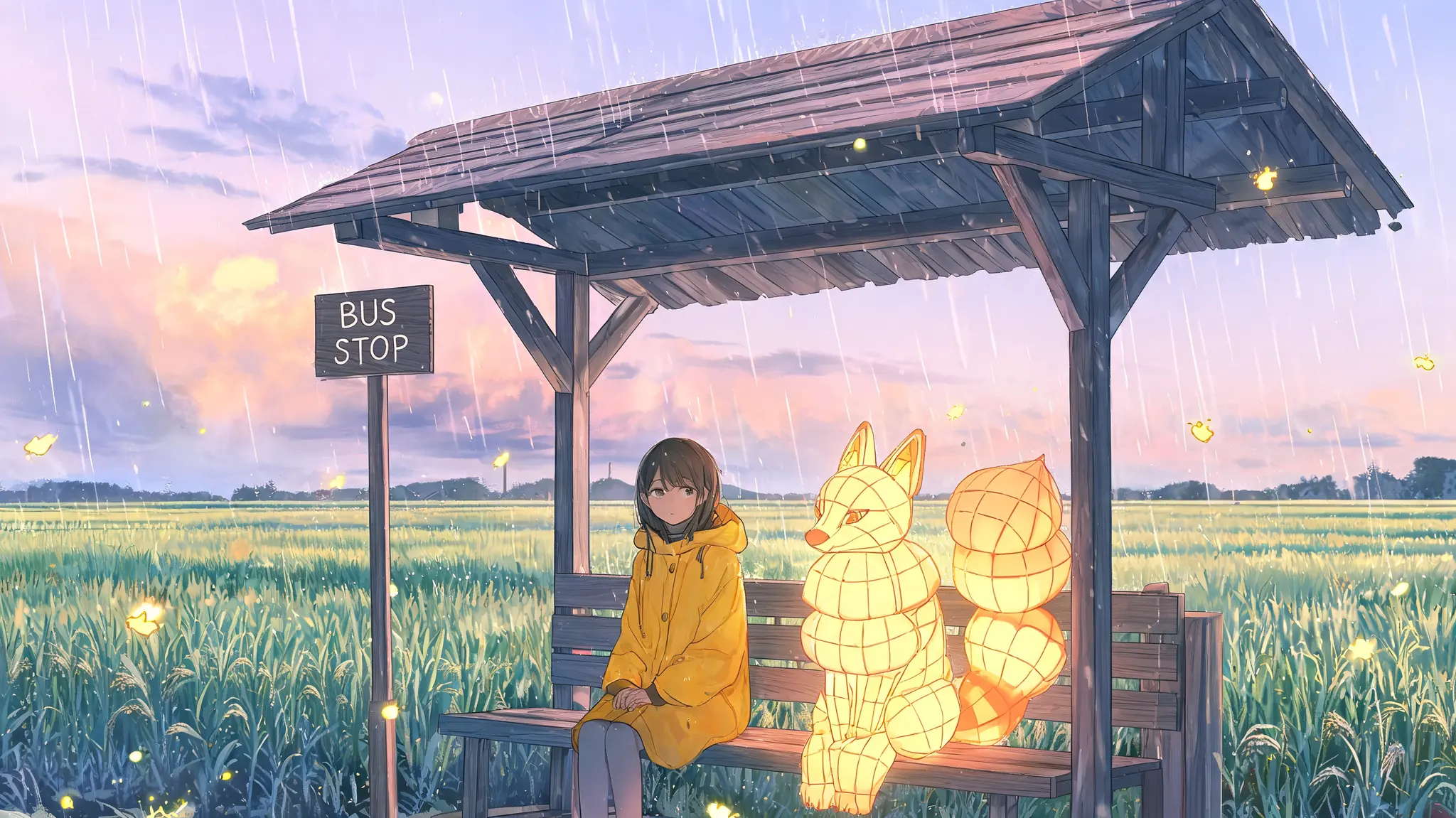 Illustrazione anime di una donna in impermeabile giallo sulla panchina di legno di una fermata, accanto a una volpe luminosa di lanterne di carta, tra risaie sotto la pioggia.