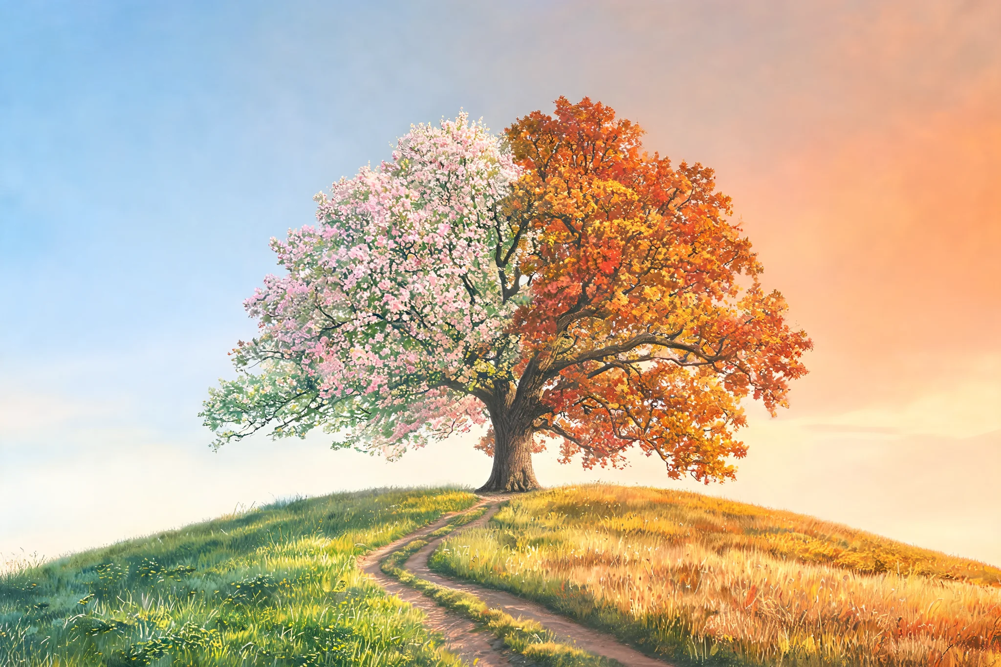 Una quercia solitaria su una collina verde divisa a metà: a sinistra i fiori rosa della primavera, a destra le foglie d’autunno accese sotto un tramonto.