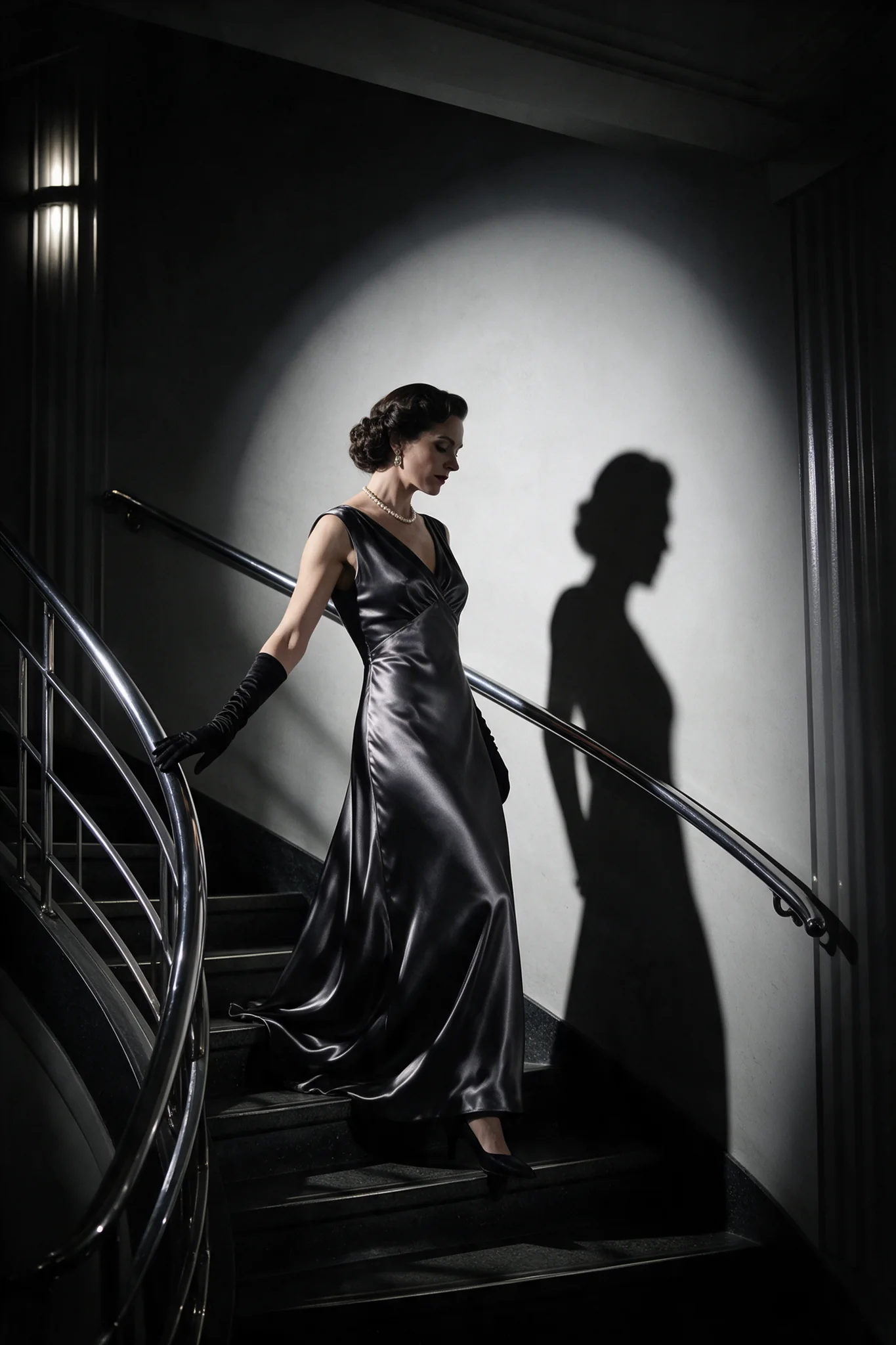 Una donna in abito lungo di raso e guanti lunghi scende una scala curva art déco, con la sua ombra proiettata in grande sul muro.