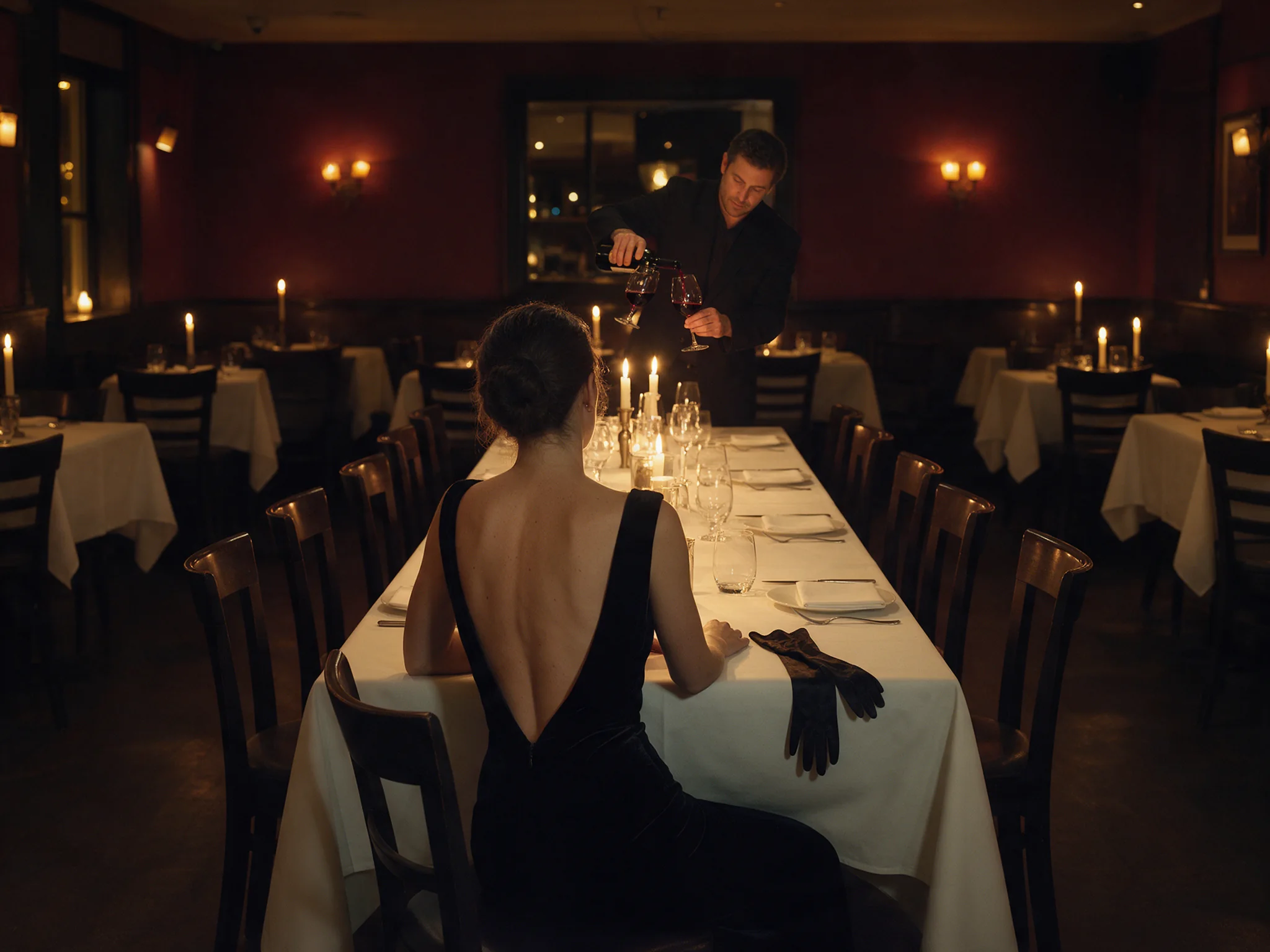 Una donna in abito di velluto nero con la schiena scoperta siede a una lunga tavola a lume di candela, mentre un uomo all’altro capo versa del vino rosso.