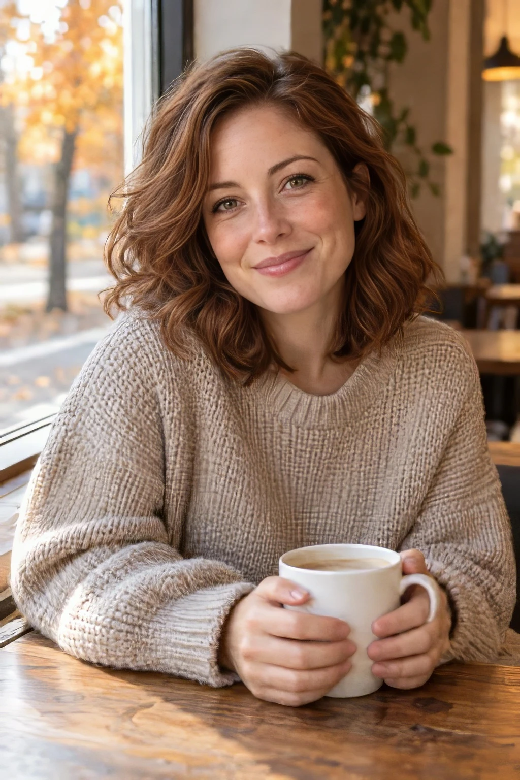 Topaz Denoise Strong output: a woman with curly auburn hair and a knit sweater holding a white mug by a café window, grain removed.