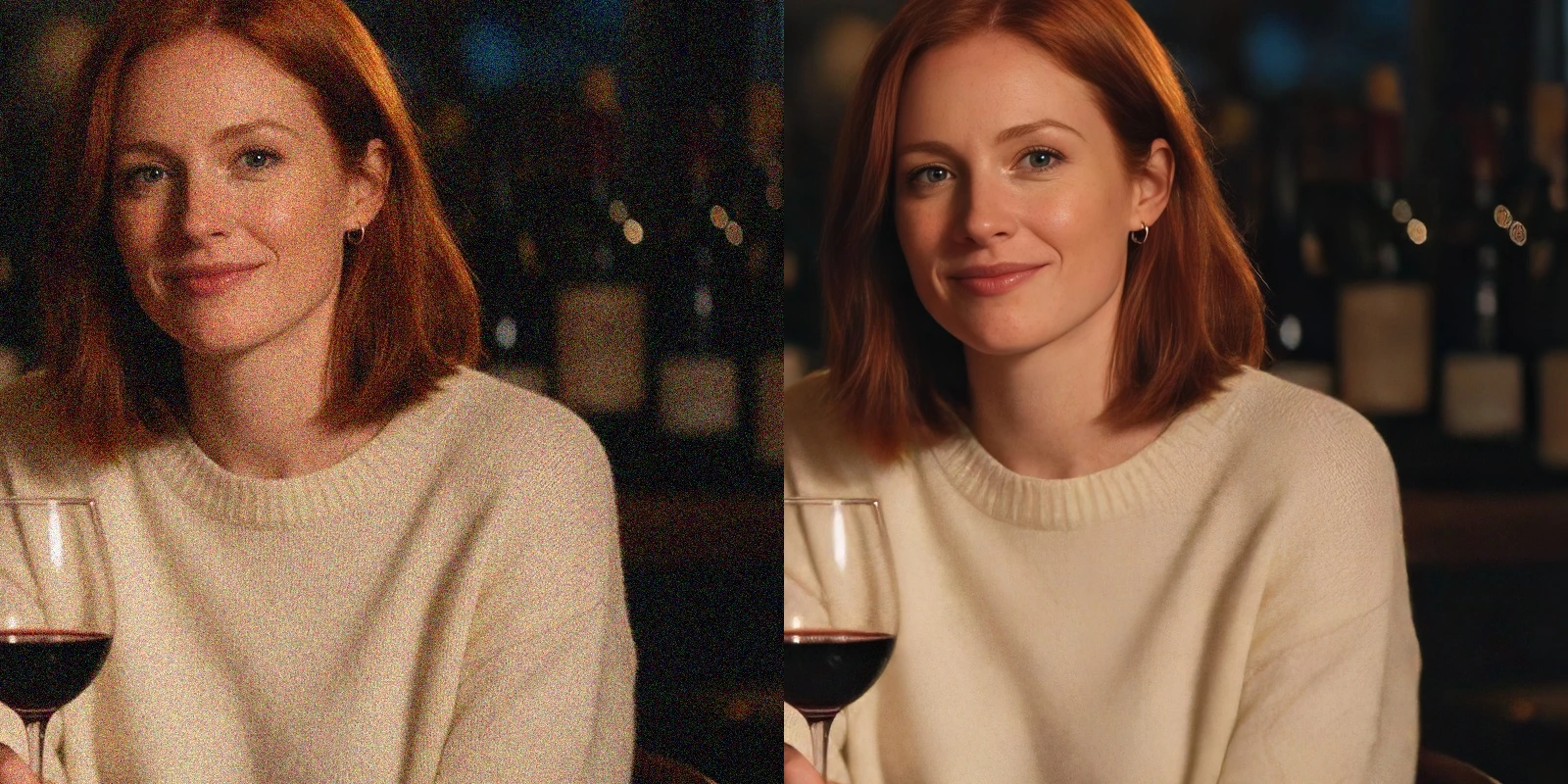 Side-by-side crop of a red-haired woman in a cream sweater at a candle-lit wine bar: heavy colour noise on the left, the Topaz Denoise Normal result on the right.