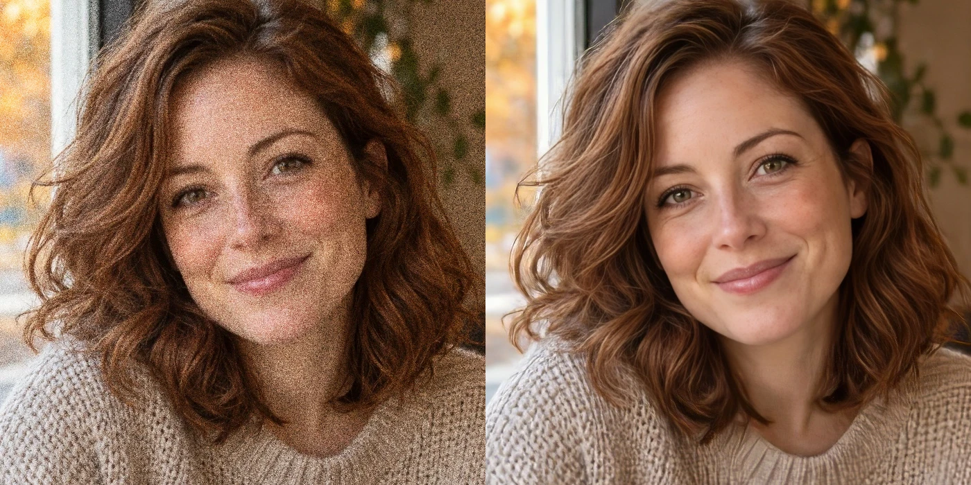 Side-by-side crop of a smiling woman with curly auburn hair in a café: fine grain over her face on the left, the Topaz Denoise Strong result on the right.