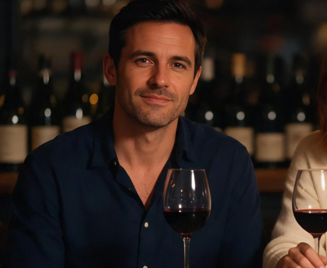 Topaz Sharpen Standard output: a dark-haired man in a navy shirt behind a wine glass, his face brought back into focus.