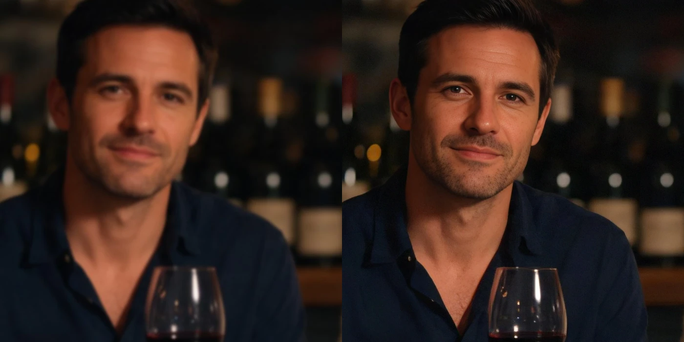 Side-by-side crop of a dark-haired man in a navy shirt at a wine bar: out of focus on the left, sharpened with Topaz Sharpen Standard on the right.