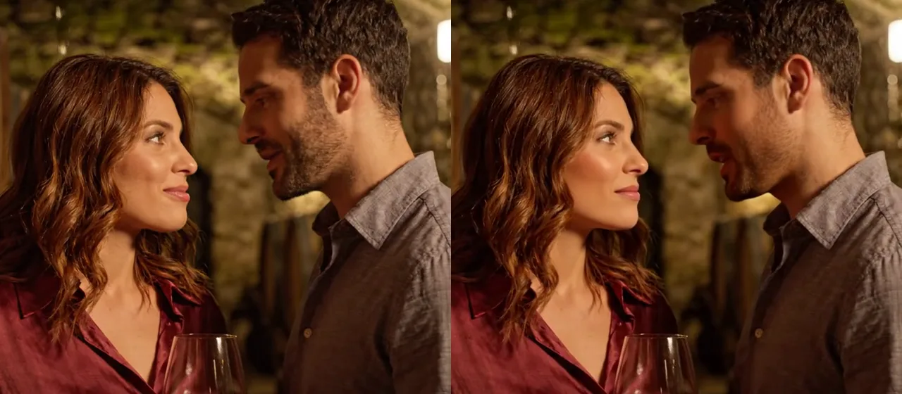 Matching stills from the wine-cellar scene: English original on the left, VEED Dubbing Pro Mexican Spanish version on the right, with the mouth shapes changed.