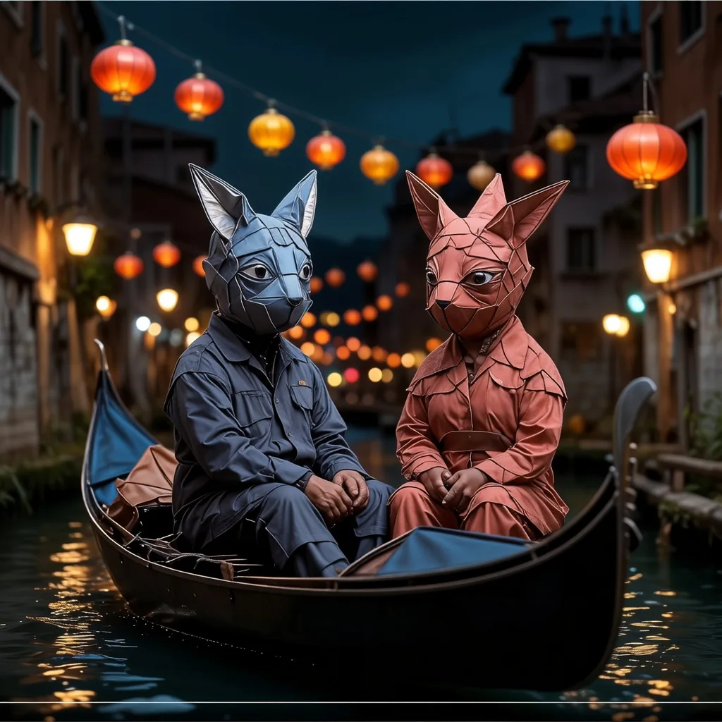 Due figure di carta piegata con teste di origami simili a volpi, una blu e una terracotta, sedute in una gondola sotto lanterne appese su un canale veneziano di notte