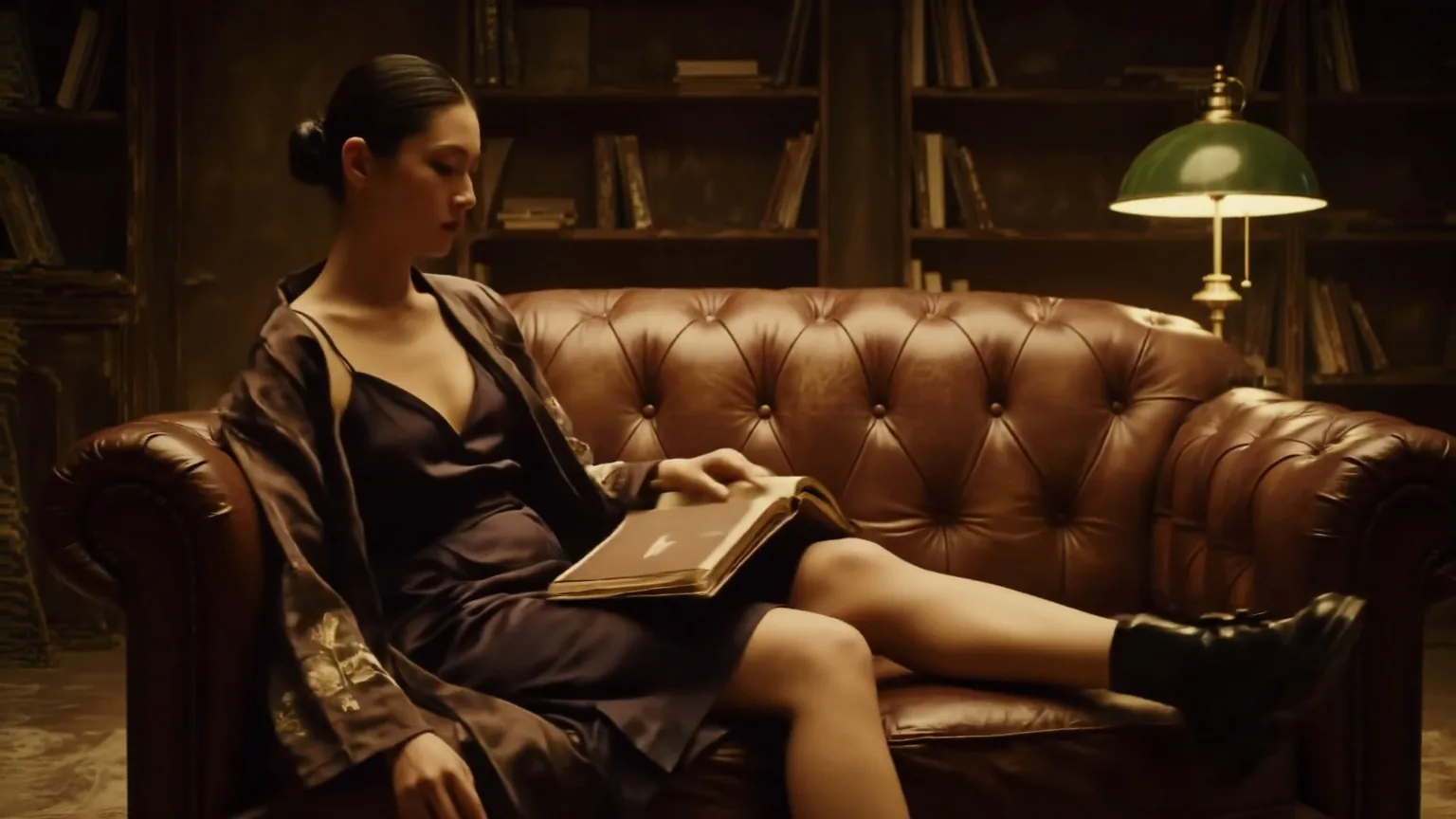 Kobieta w jedwabiu czytająca na skórzanej kanapie chesterfield w kolorze oxblood w przyciemnionej bibliotece