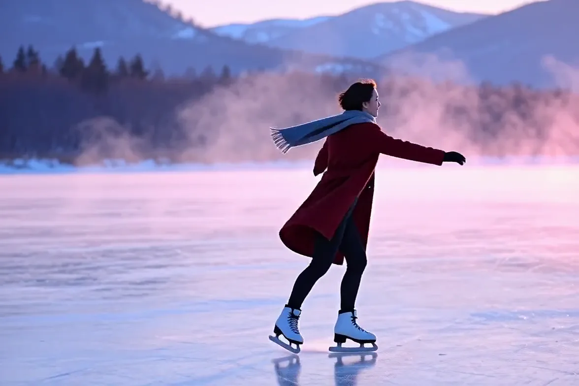 A skater in a red coat and grey scarf glides across a frozen lake at dawn, with mist rising behind her
