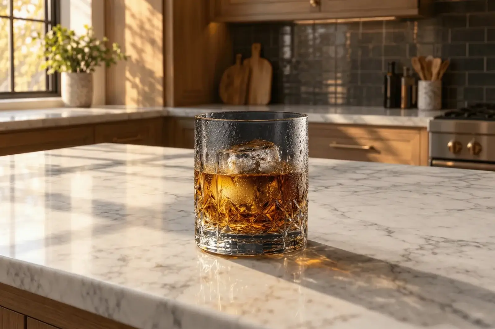 Metti un bicchiere di whisky su un piano di marmo al sole