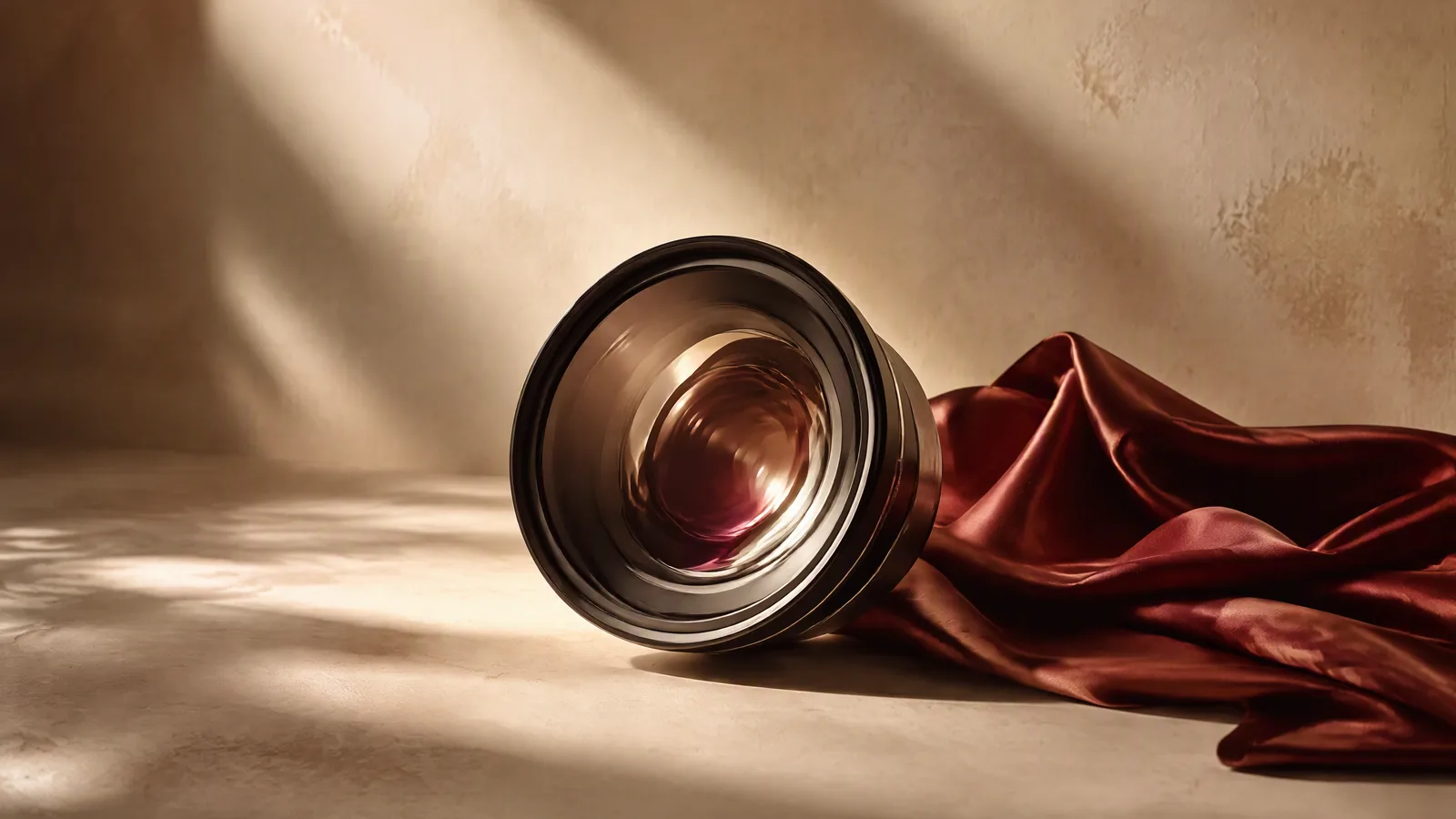 A glass camera lens beside folded crimson silk