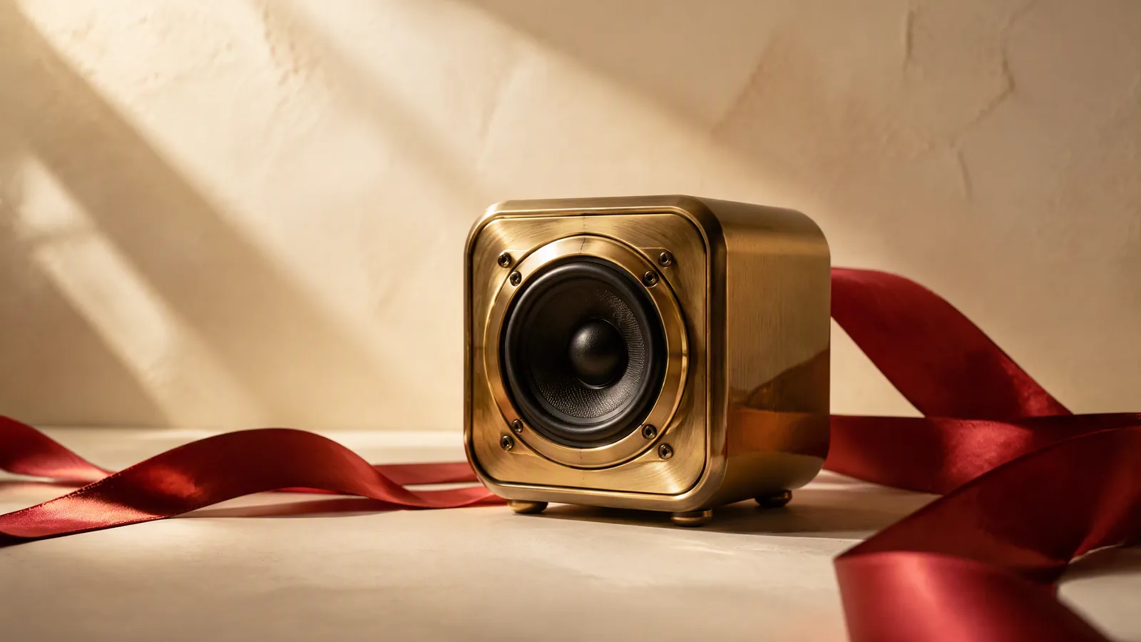 A brass speaker with a flowing crimson ribbon