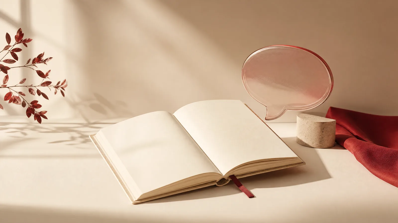 An open ivory notebook and a translucent speech bubble
