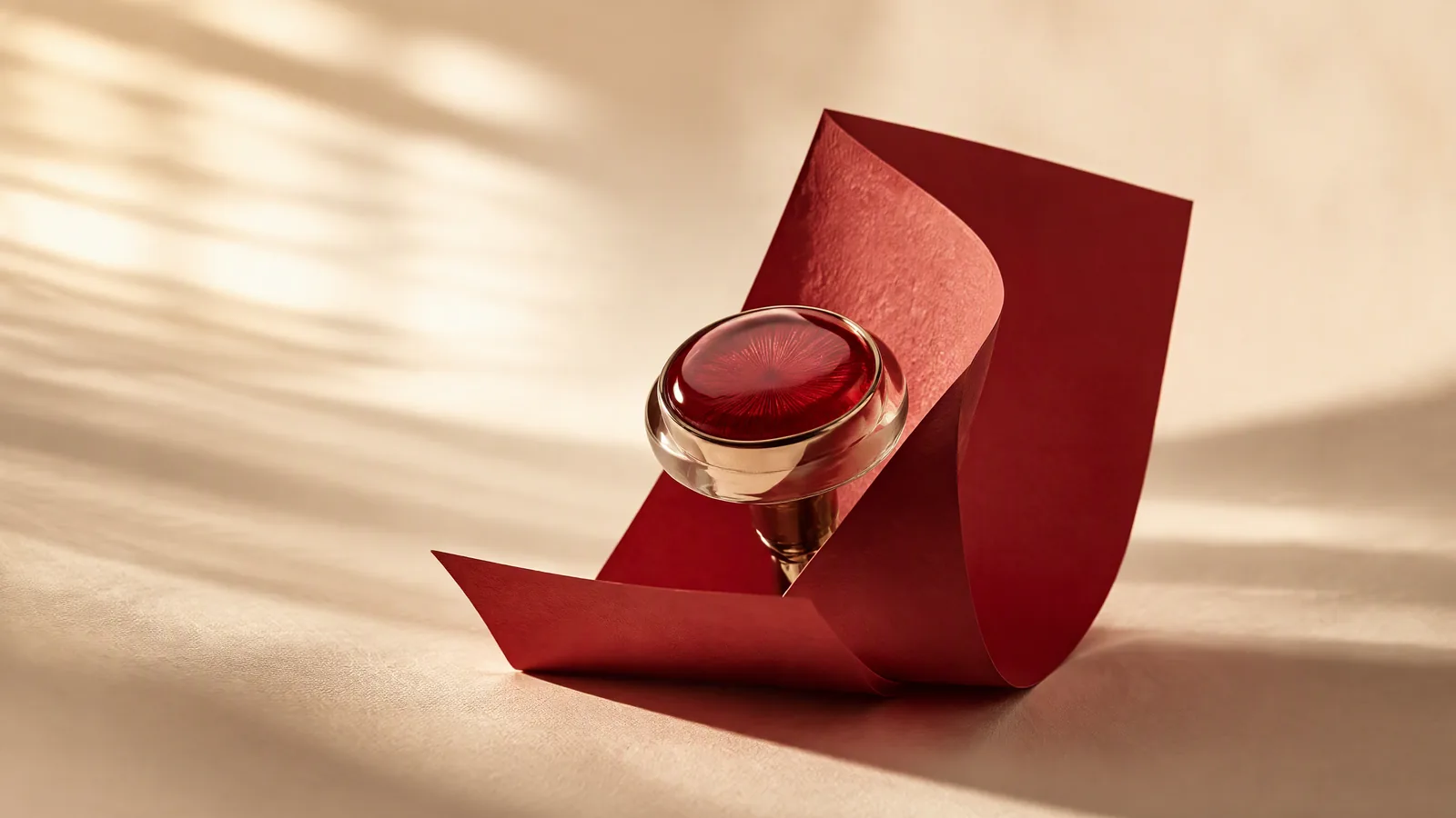 A glass ornament beside folded crimson paper