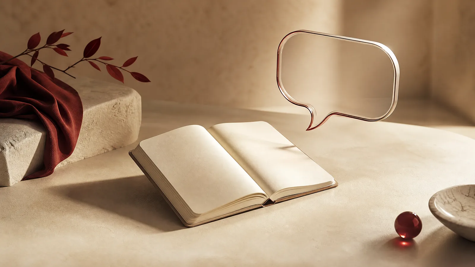 An open ivory notebook and a translucent speech bubble