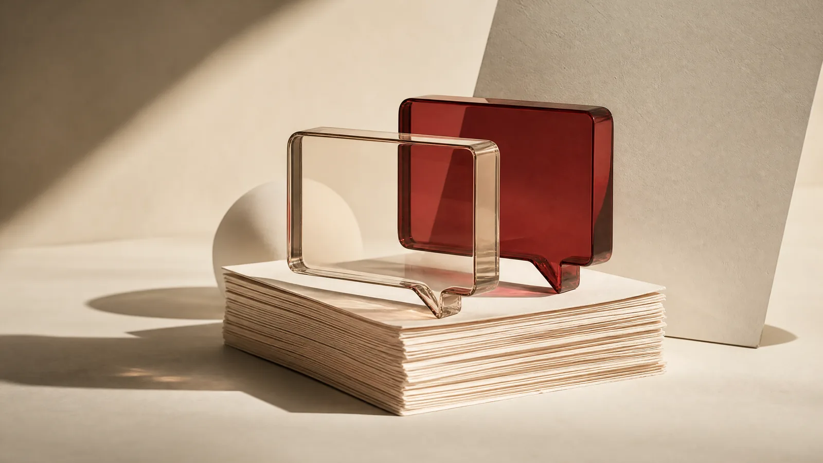An ivory paper stack and geometric glass shapes