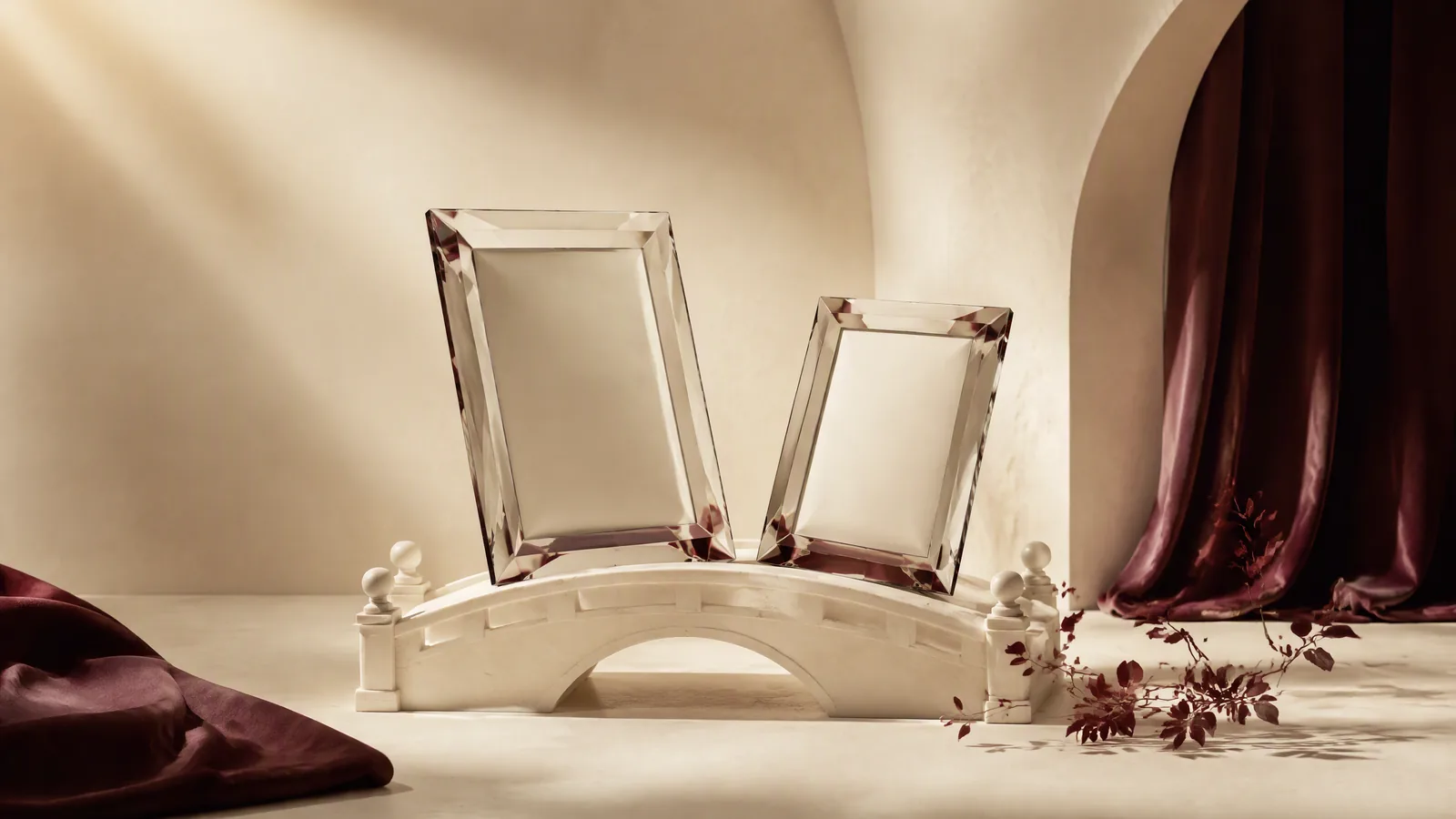 Two empty glass frames and an ivory bridge