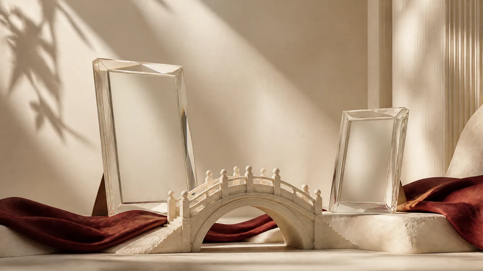 Two empty glass frames and an ivory bridge