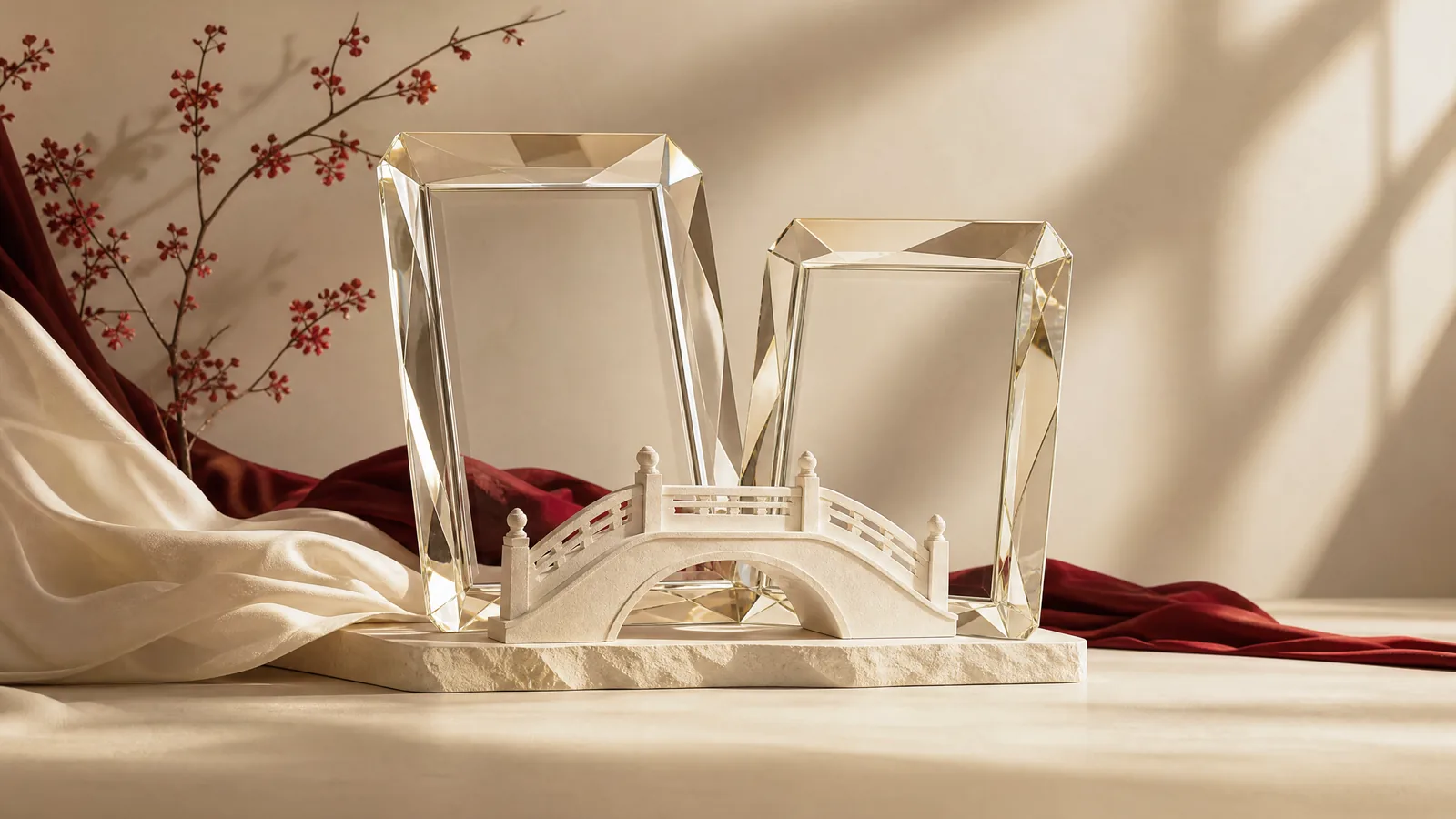 Two empty glass frames and an ivory bridge