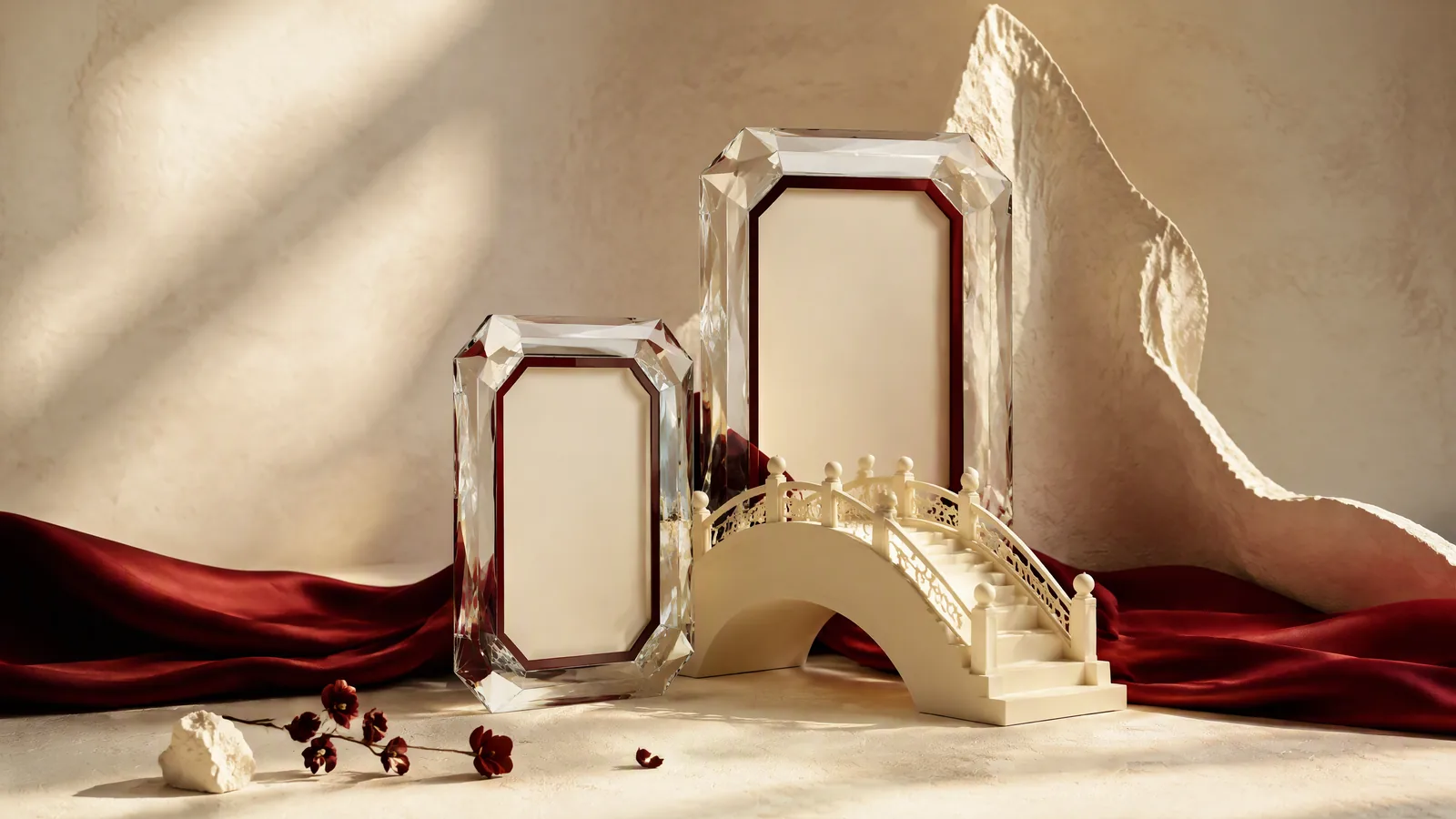 Two empty glass frames and an ivory bridge
