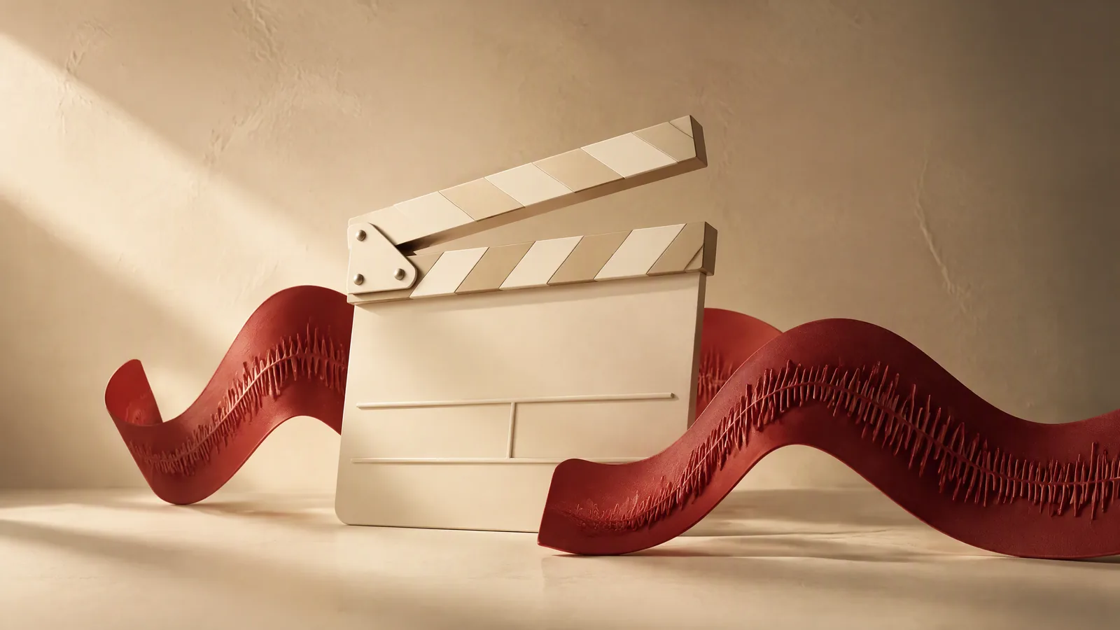 An ivory clapperboard with a sculptural crimson ribbon