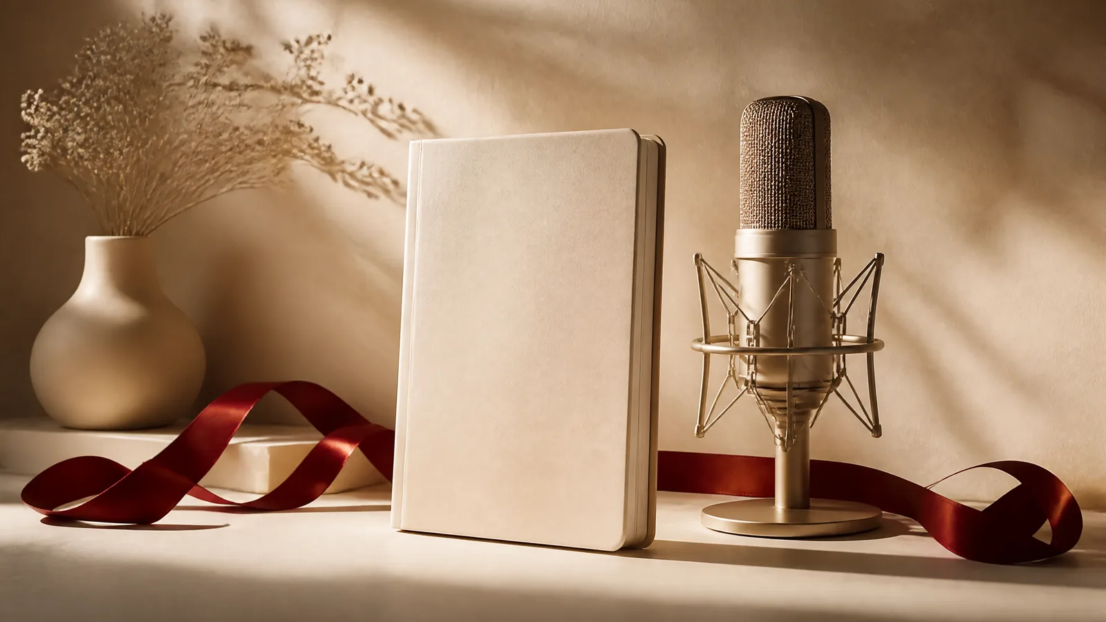 An ivory notebook, studio microphone and crimson ribbon