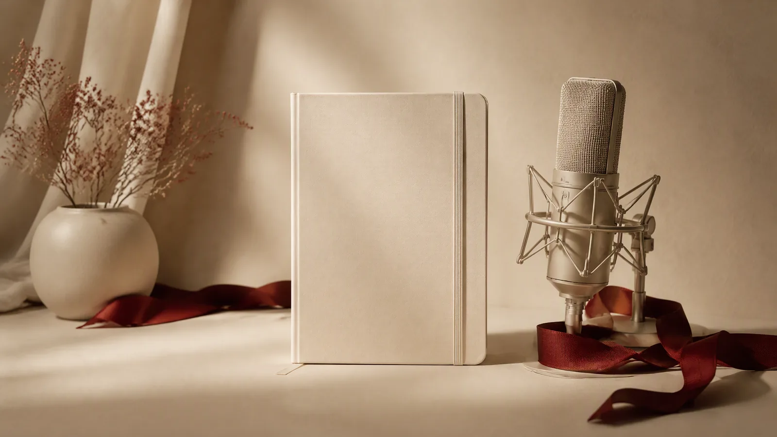 An ivory notebook, studio microphone and crimson ribbon