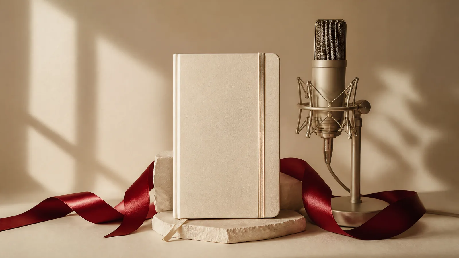 An ivory notebook, studio microphone and crimson ribbon