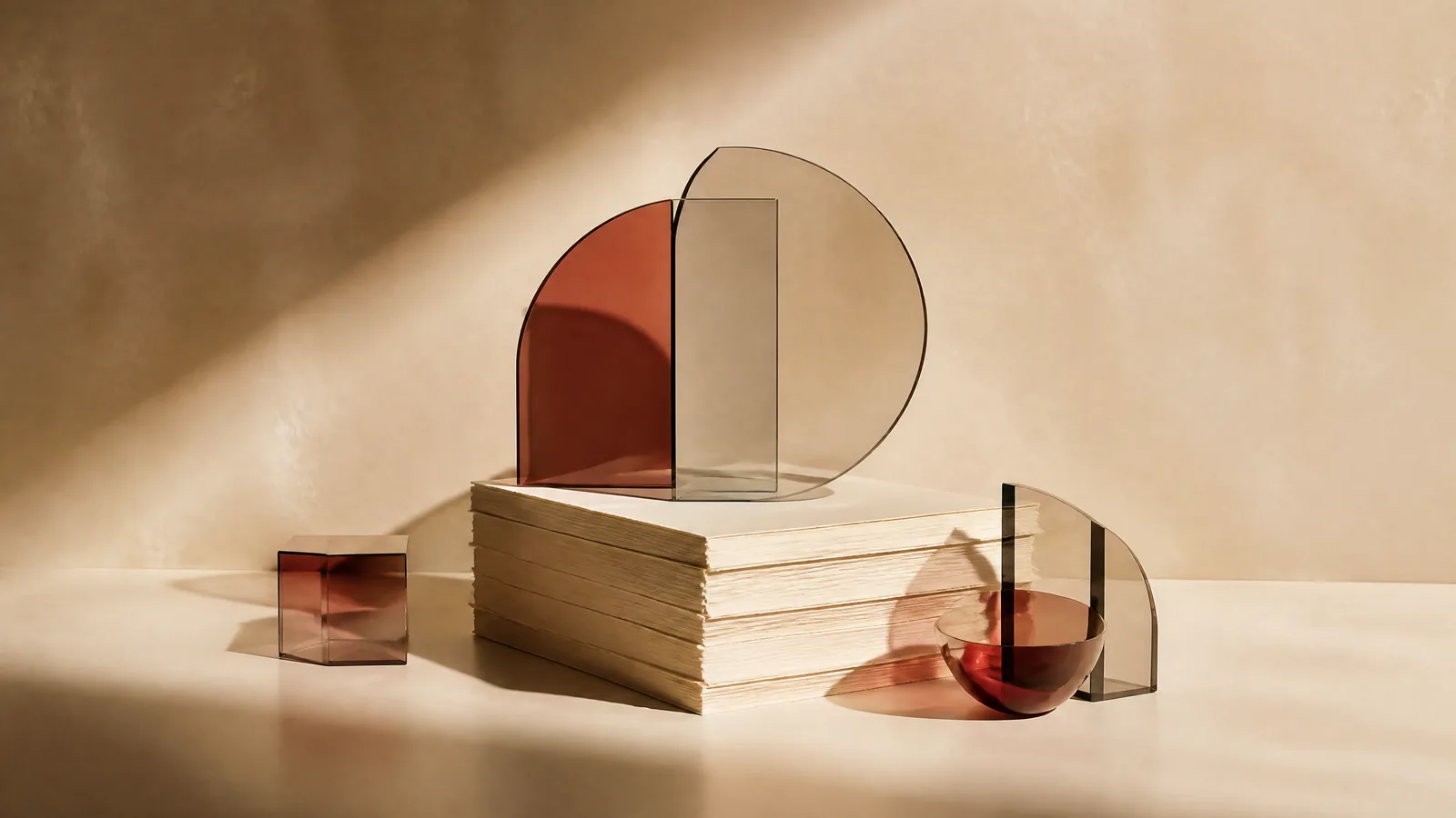 An ivory paper stack and geometric glass shapes