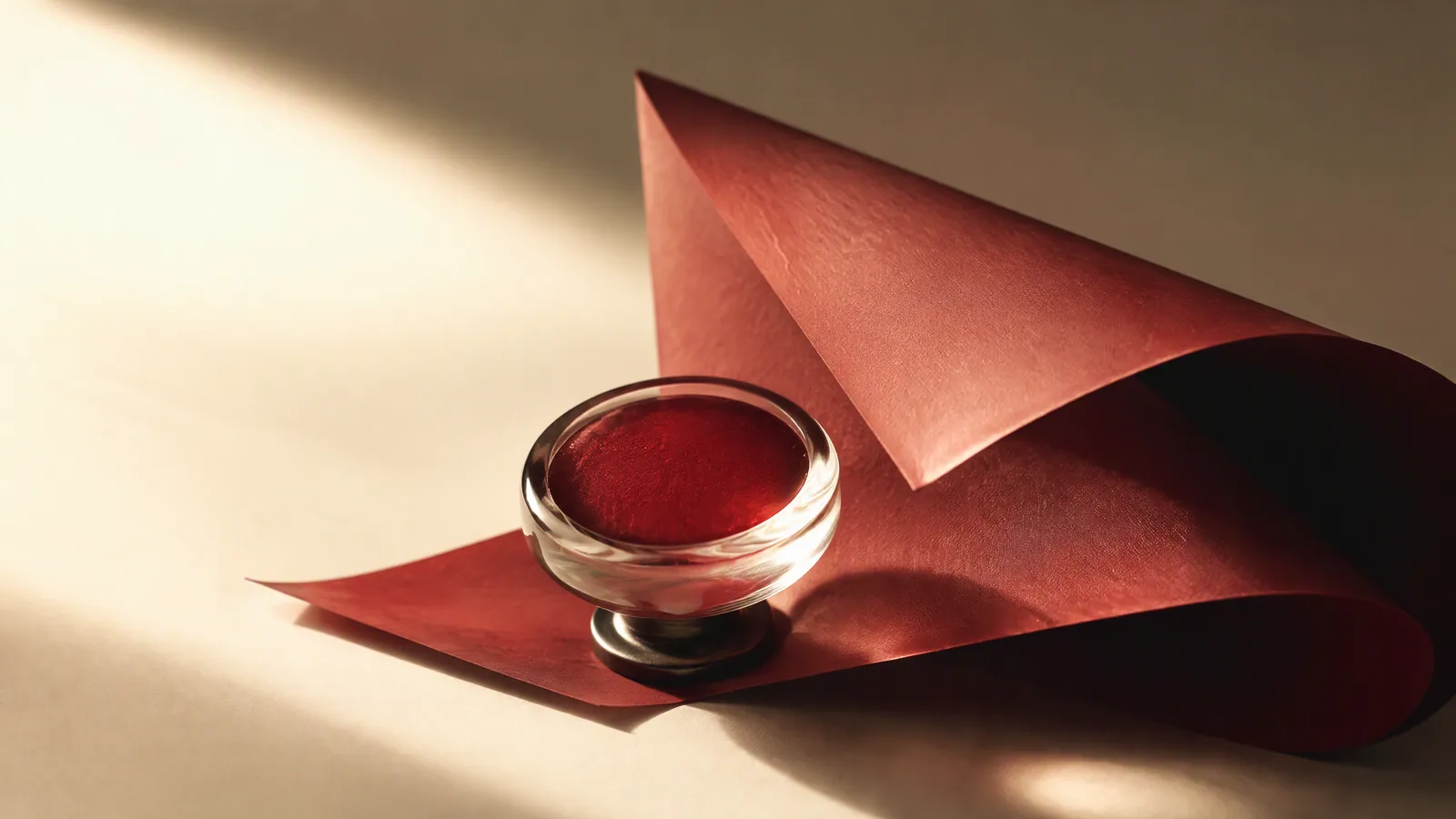 A glass ornament beside folded crimson paper