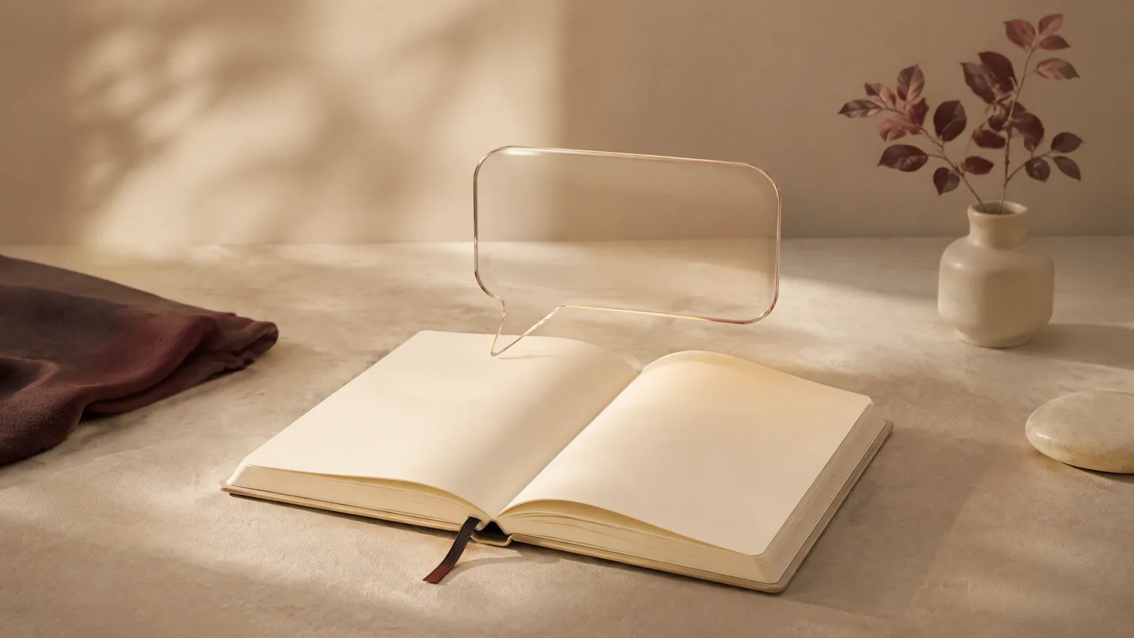 An open ivory notebook and a translucent speech bubble