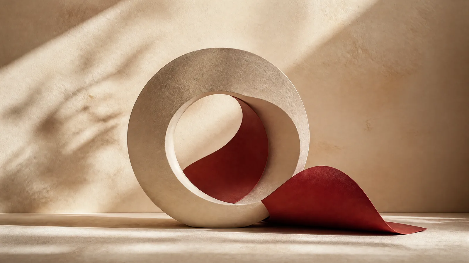 A pale sculptural ring and a curved red strip