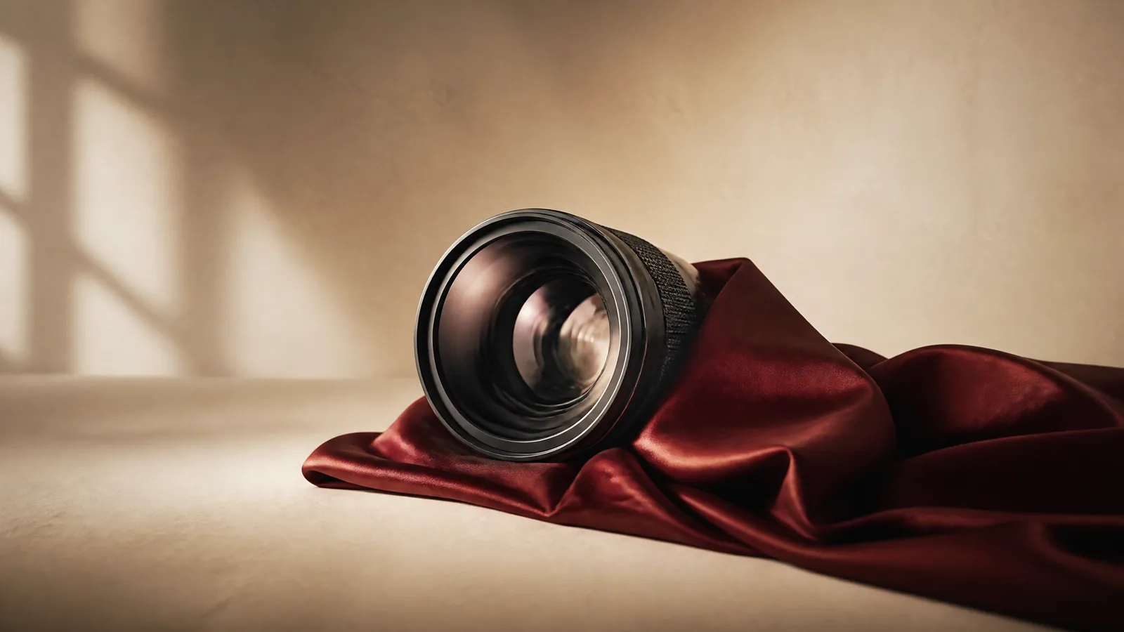 A glass camera lens beside folded crimson silk