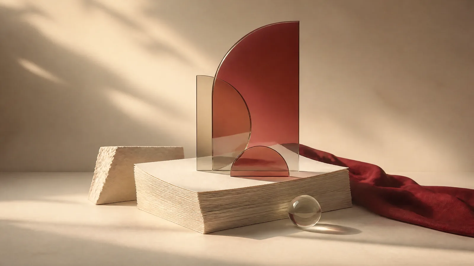 An ivory paper stack and geometric glass shapes