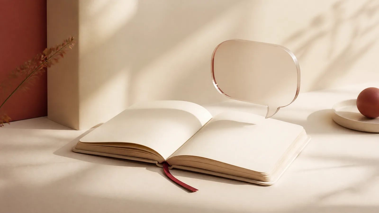 An open ivory notebook and a translucent speech bubble