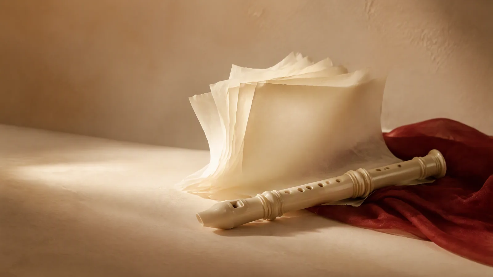 An ivory wind instrument beside a stack of paper