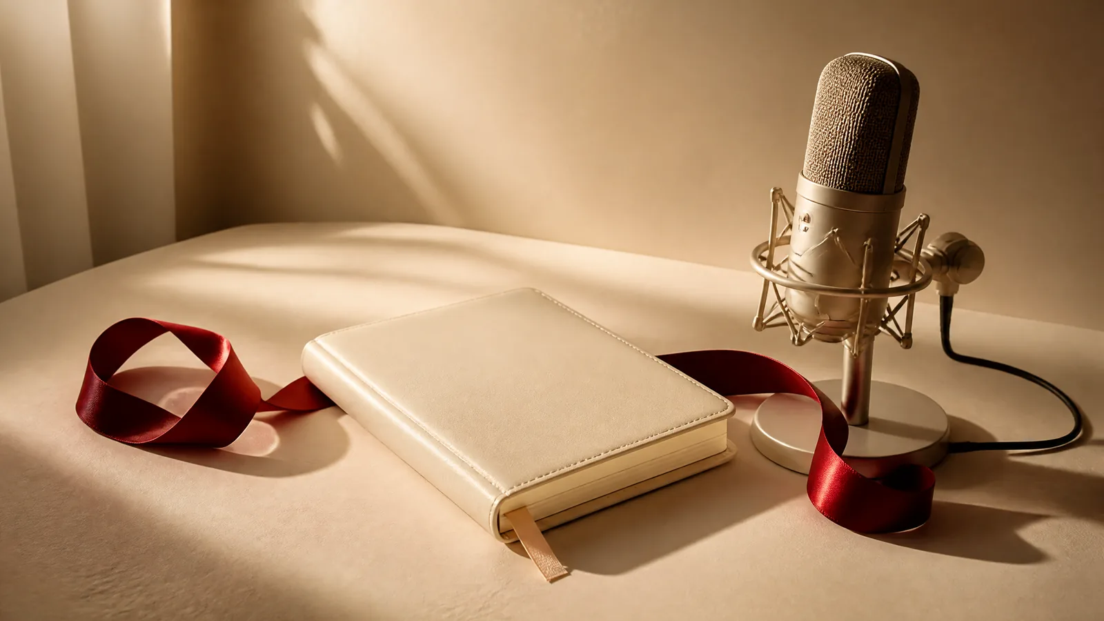 An ivory notebook, studio microphone and crimson ribbon