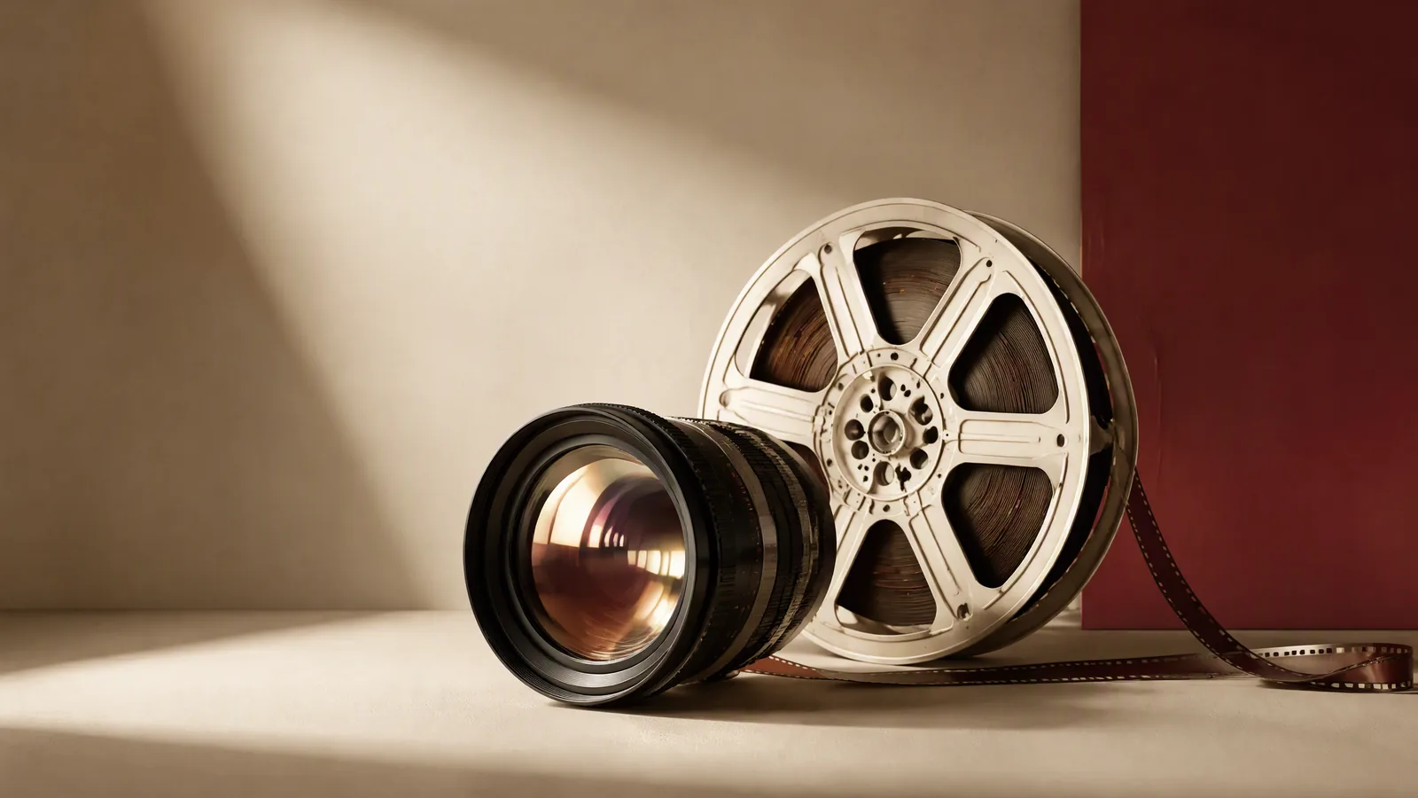 A glass cinema lens beside an ivory film reel
