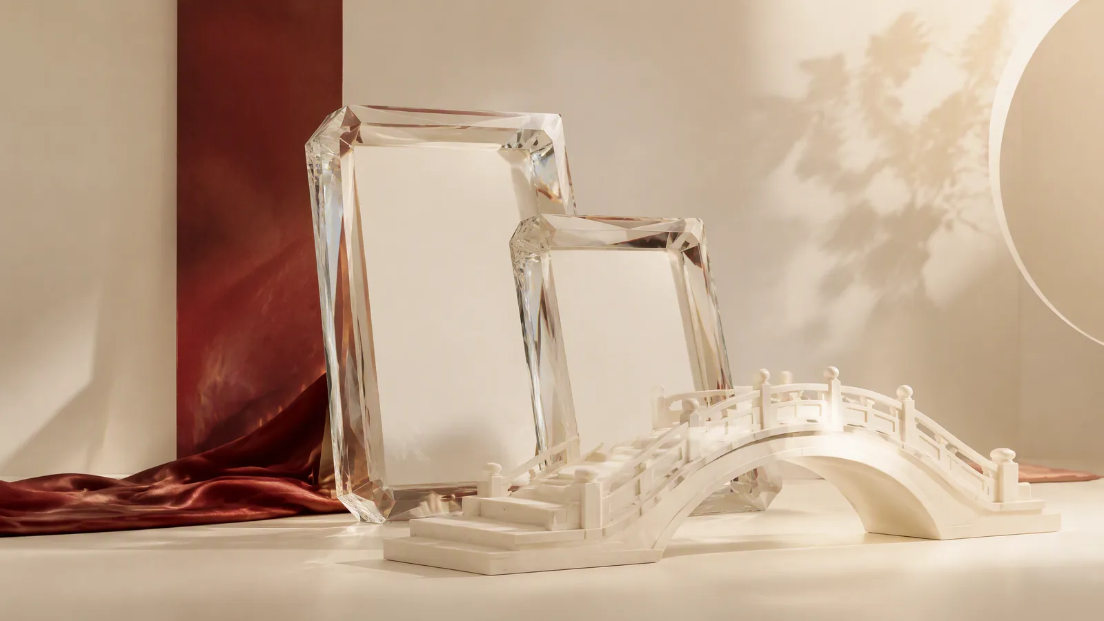 Two empty glass frames and an ivory bridge