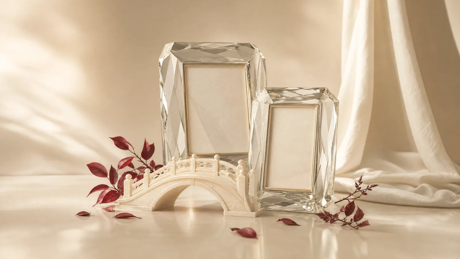 Two empty glass frames and an ivory bridge