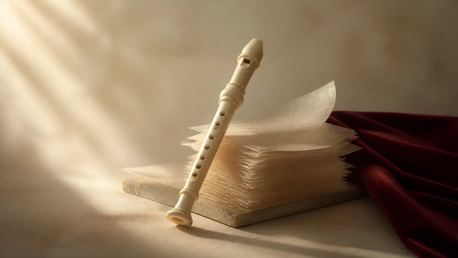 An ivory wind instrument beside a stack of paper