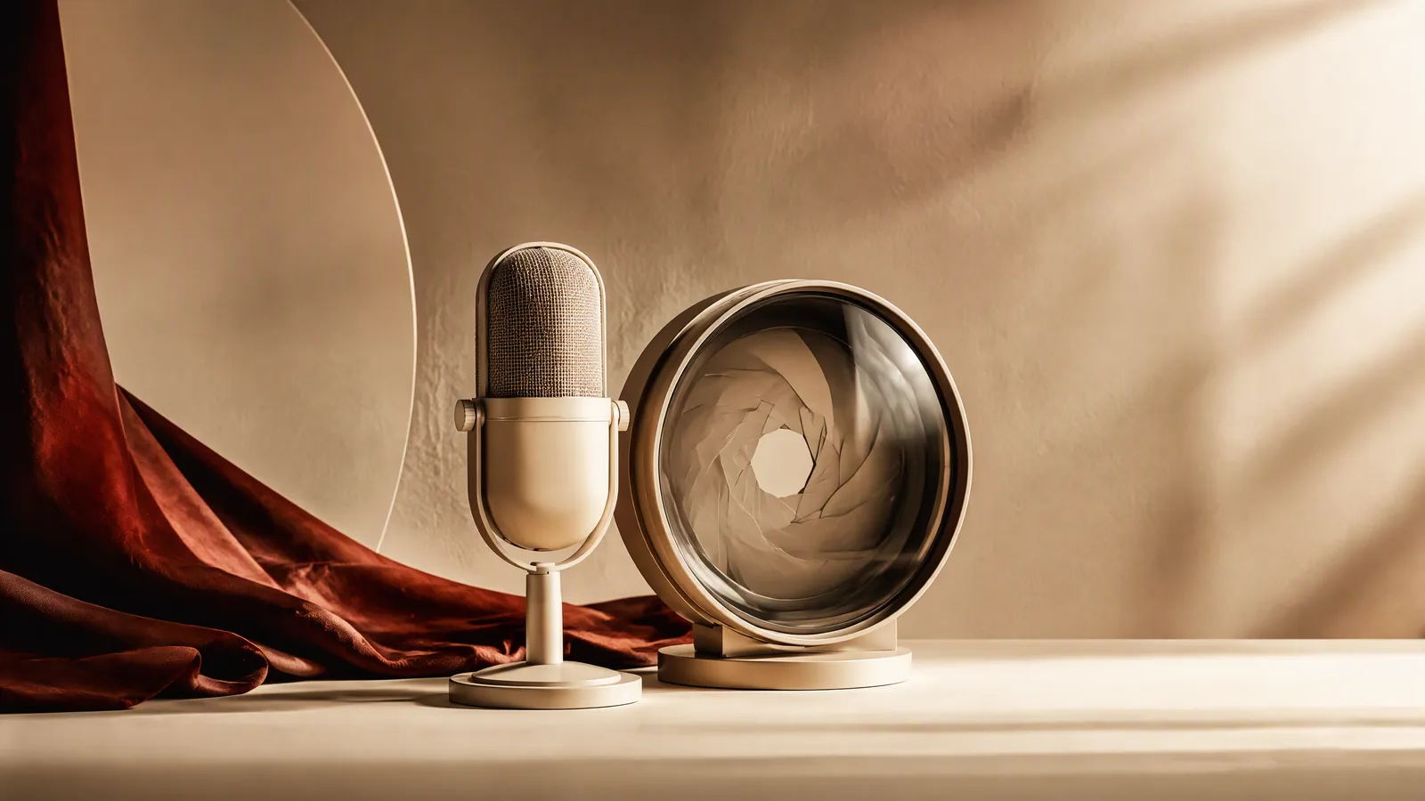 An ivory microphone beside a glass cinema aperture